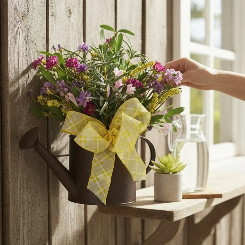 Charming Brown metal Watering Can with Floral Arrangement and sunny bow!